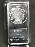 10 Troy Oz .999 Fine Silver Bar Buffalo/Indian
