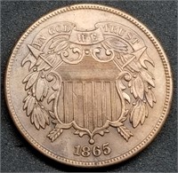 1865 US 2-Cent Piece AU+, Nice!