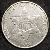 1860 US 3-Cent Piece Silver, Nice