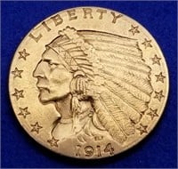 1914-D US $2.50 Gold Indian Quarter Eagle Nice