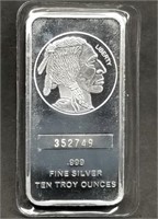 10 Troy Oz .999 Fine Silver Bar Buffalo/Indian