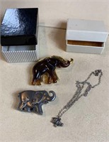 Elephant Necklace, Pin, Trinket Box earrings