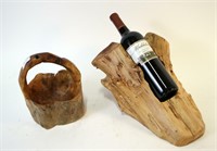SET OF TWO WOODEN BASKET AND WOODEN WINE HOLDER