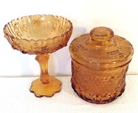 (2) Pieces of Amber Glass, Candy Dish, Covered Jar