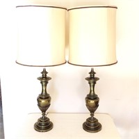 (2) Brass Lamps with Cloth Shades