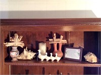 Shelf Lot, Shells, Ducks, Vase and Candle