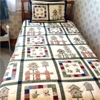 Twin Size Quilt with Bird House and Flower Design