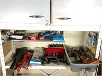 Shelf Lot of Tools, Punches, Pipe Wrenches