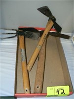 3 HAND PICKS AND AXE (ONE IS "VILLAGE BLACKSMITH"