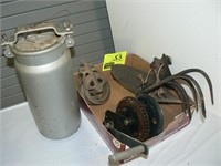 FLAT WITH VINTAGE PULLEY, PLOW PIECES, HAND