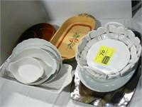 WHITE BAKEWARE AND PLATTERS, REDWARE CHIP AND
