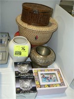 HAT BOX, COVERED BASKET, BRASS PLANTER, 2 BOXED