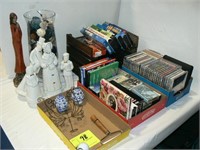 4 CERAMIC CAROLERS, GLASS COMPOTE, CDs, DVDs, VHS
