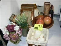 FLAT OF PICTURE FRAMES, CANDLES, BASKET, WOODEN
