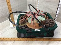 GREEN BASKET WITH PINE CONES AND LARGE CHRISTMAS B