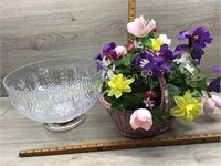 PLASTIC PUNCH BOWL/ PINK BASKET WITH SILK FLORALS