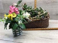 BASKET W/ FLORALS/ GREEN AND WHITE POT WITH FLORAL