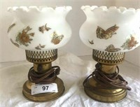 PAIR BRASS LAMPS HAND PAINTED WITH FLOWERS