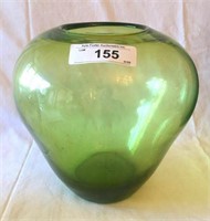 LARGE HAND BLOWN GREEN GLASS VASE 9.5"T
