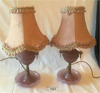 PAIR VINTAGE BOUDOIR LAMPS WITH PURPLE GLASS