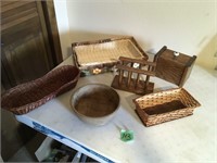 wicker baskets, wood recipe box, napkin holder &