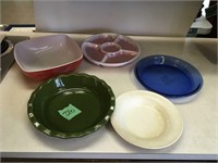 red vintage sq bowl, pie plates, more