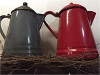 2 Vintage Covered Agate and Enamelware Coffee Pots