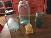 3 Vintage Mason Fruit Jars & Glass Spice Container