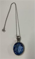 Sterling Blue Cut Stone Pendant 17" Sterling Chain