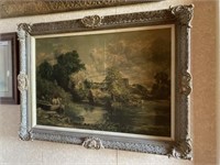 Large Vintage River Scene Print in Ornate Frame