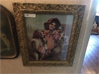Victorian Style Girl w/Dog Print in Gilded Frame