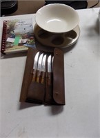 Knives , cook book , ceramic dish