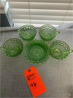 Cube green depression glass cups and saucer