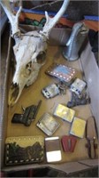 BELT BUCKLES, LIGHTERS, SKULL ETC BOX