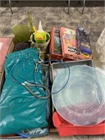 4 Boxes of Cooking Tins, Toys, Glassware, Suitcase