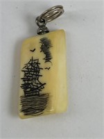 Vintage Chinese Ship Scrimshaw Bone Pendent