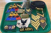 Tray lot of army patches, buttons, brass belt