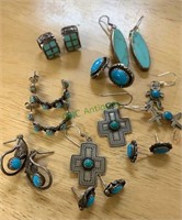 9 pair of southwest silver and turquoise