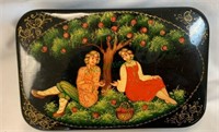 Hand painted Russian enamel metal box, Adam and