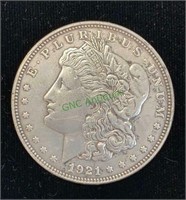 1921 US Morgan silver dollar coin in a hard