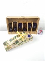 Coffret bois 6 coupes en verre bleu