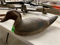 Handcarved wooden duck decoy; green/red wings