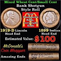 Mixed small cents 1c orig shotgun roll, 1919-d Whe
