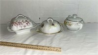 Two Porcelain Butter Keepers & Sugar Pot