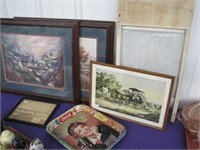 4 framed prints, coke tray, glass washboard