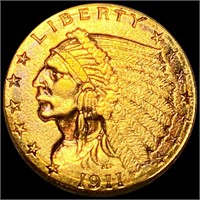 1911-D "STRNG D" $2.50 Gold Quarter Eagle UNC