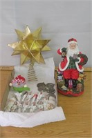 12" Musical Santa Claus, Gold Tree Topper & Orn