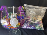 Huge Brandy Snifter & Bag Filled  Mardi Gras Beads