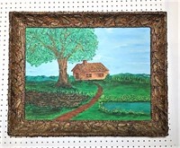 Log Cabin Acrylic Impasto Painting on Canvas