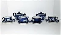 Jasperware Teapot, Creamer, Sugar, Cups &